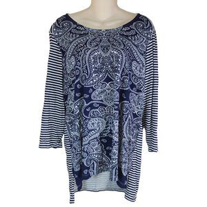 Chicos 3 Top XL Blue Paisley Striped Long Sleeve Stretch Knit Shirt
